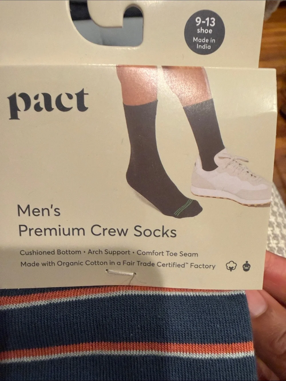 Pact Men's Organic Blend-3-Pack Socks - White Ankle & Green with Rust Stripes